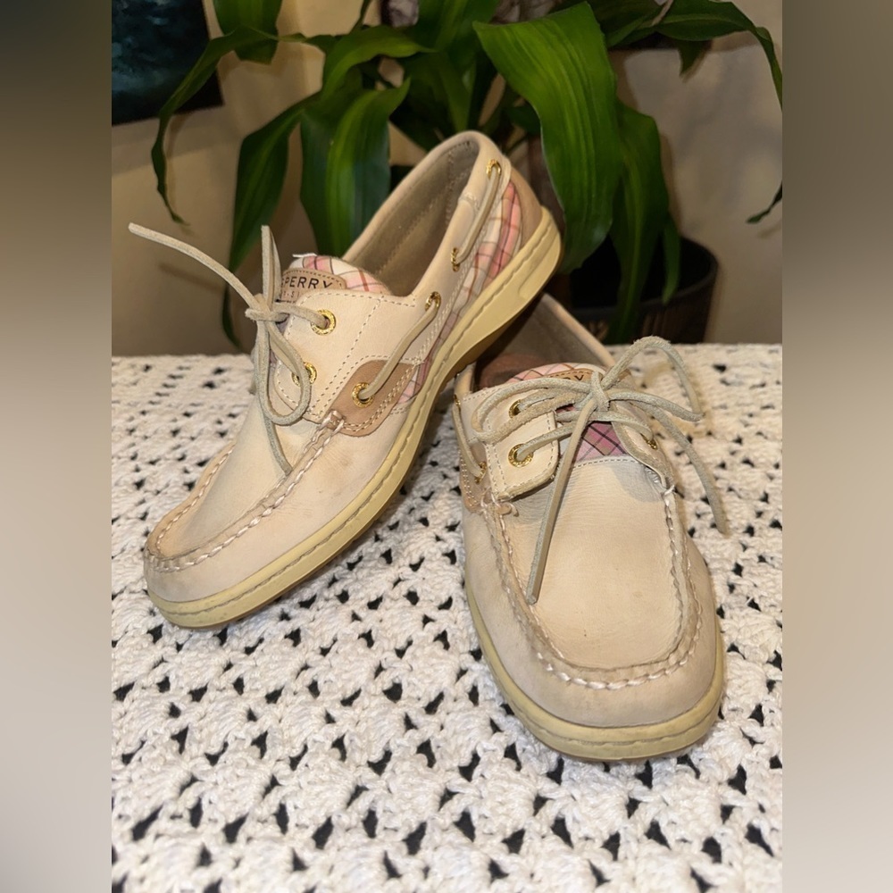 EUC Flats Sperry Speedy Top Siders pink plaid  style Leather Boat Shoes Sz  8.5